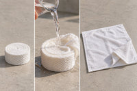 Toalla comprimida SHOWN: disco, agua y toalla expandida